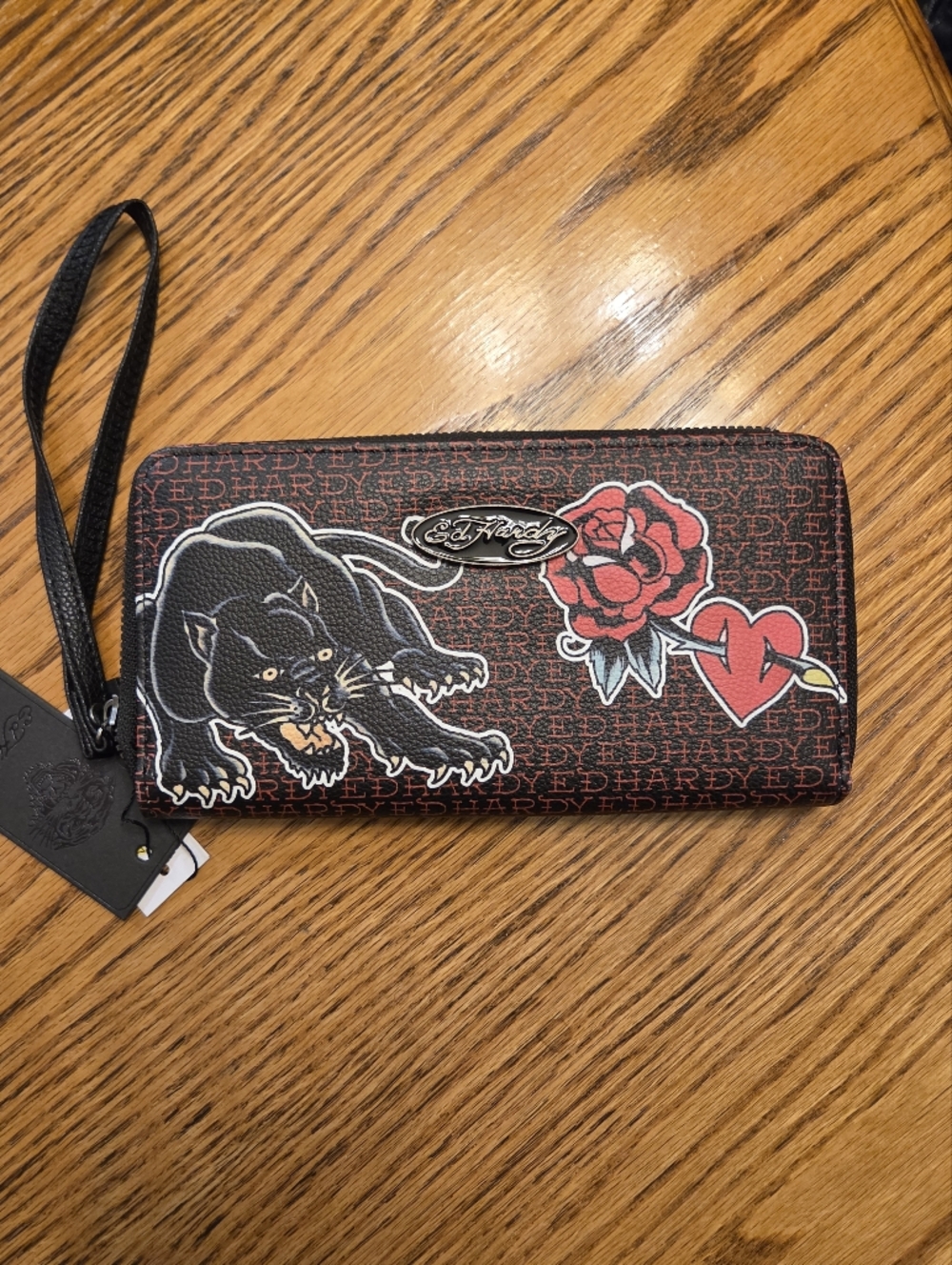 Ed Hardy Black Red Panther Rose Heart Zip Wallet Wristlet